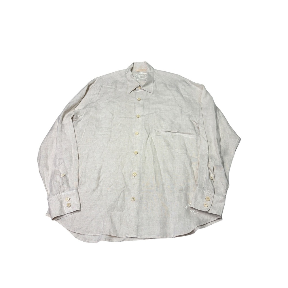 Tommy Bahama Relax Mens L 100% Linen Long Sleeve Button Down Shirt Beige Oatmeal